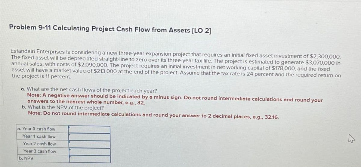 Problem 9-11 Calculating Project Cash Flow from Assets [LO 2]
Esfandairi Enterprises is considering a new three-year expansion project that requires an initial fixed asset investment of $2,300,000.
The fixed asset will be depreciated straight-line to zero over its three-year tax life. The project is estimated to generate $3,070,000 in
annual sales, with costs of $2,090,000. The project requires an initial investment in net working capital of $178,000, and the fixed
asset will have a market value of $213,000 at the end of the project. Assume that the tax rate is 24 percent and the required return on
the project is 11 percent.
a. What are the net cash flows of the project each year?
d your
Note: A negative answer should be indicated by a minus sign. Do not round intermediate calculations and round y
answers to the nearest whole number, e.g., 32.
b. What is the NPV of the project?
Note: Do not round intermediate calculations and round your answer to 2 decimal places, e.g., 32.16.
a. Year 0 cash flow
Year 1 cash flow
Year 2 cash flow
Year 3 cash flow
b. NPV
D
13