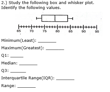 2.) Study the following box and whisker plot.
Identify the following values.
65
70
75
80
85
90
95
Minimum(Least):
Maximum(Greatest):
Q1:
Median:
Q3:
Interquartile Range(IQR):
Range:

