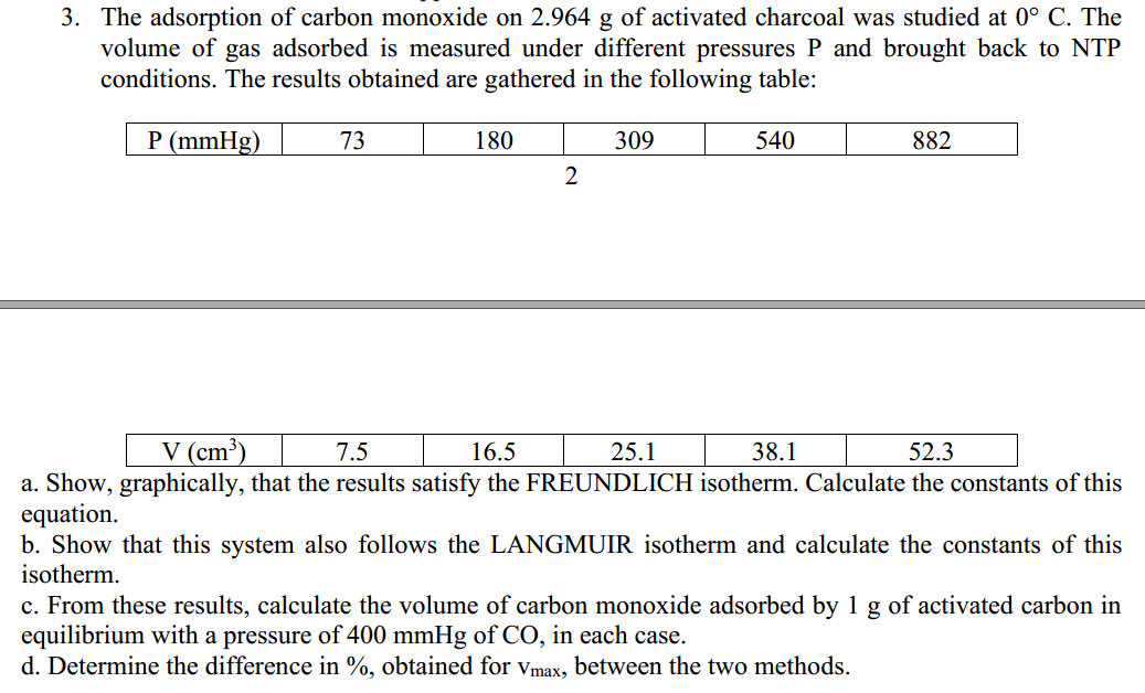 3. The adsorption of carbon monoxide on 2.964 g of activated charcoal was studied at 0° C. The
volume of gas adsorbed is measured under different pressures P and brought back to NTP
conditions. The results obtained are gathered in the following table:
P (mmHg)
309
73
180
2
540
882
V (cm³)
7.5
16.5
25.1
38.1
52.3
a. Show, graphically, that the results satisfy the FREUNDLICH isotherm. Calculate the constants of this
equation.
b. Show that this system also follows the LANGMUIR isotherm and calculate the constants of this
isotherm.
c. From these results, calculate the volume of carbon monoxide adsorbed by 1 g of activated carbon in
equilibrium with a pressure of 400 mmHg of CO, in each case.
d. Determine the difference in %, obtained for Vmax, between the two methods.