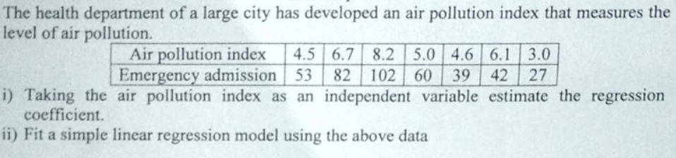 The health department of a large city has developed an air pollution index that measures the
level of air pollution.
Air pollution index
Emergency admission 53
4.5 6.7 8.2 5.0 4.6 6.1 3.0
82 102 60 39
42 27
i) Taking the air pollution index as an independent variable estimate the regression
coefficient.
ii) Fit a simple linear regression model using the above data
