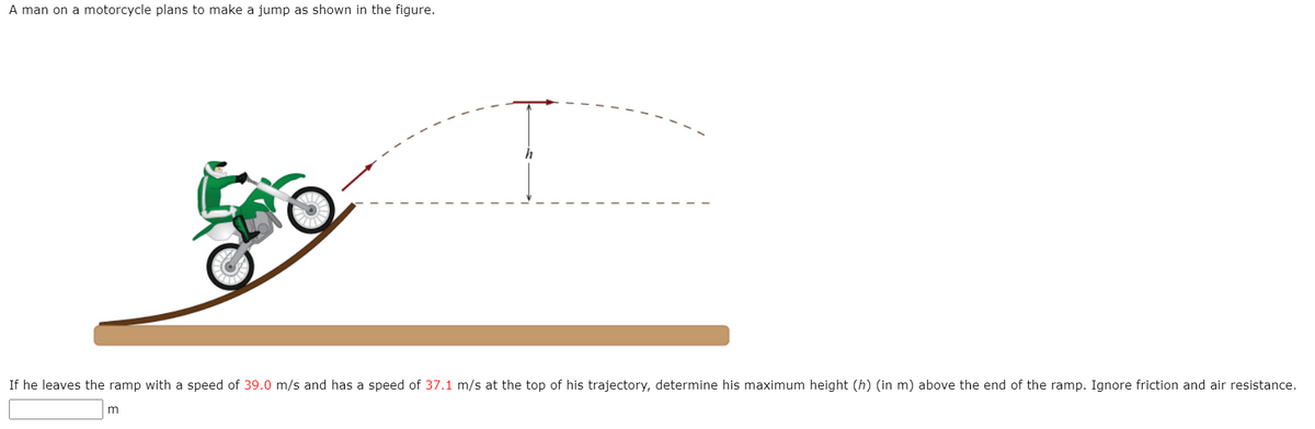 A man on a motorcycle plans to make a jump as shown in the figure.
If he leaves the ramp with a speed of 39.0 m/s and has a speed of 37.1 m/s at the top of his trajectory, determine his maximum height (h) (in m) above the end of the ramp. Ignore friction and air resistance.
