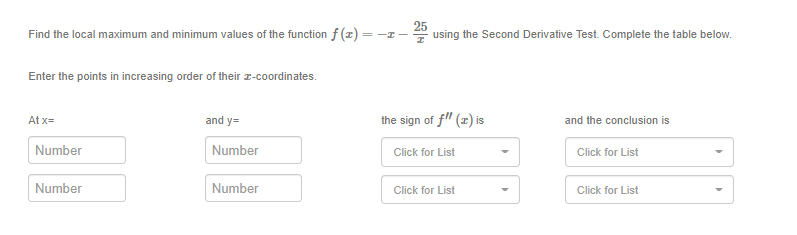 25
Find the local maximum and minimum values of the function f (z) =-I- using the Second Derivative Test. Complete the table below.
Enter the points in increasing order of their I-coordinates.
and y=
the sign of fl" (x) is
At x=
and the conclusion is
Number
Number
Click for List
Click for List
Number
Number
Click for List
Click for List
