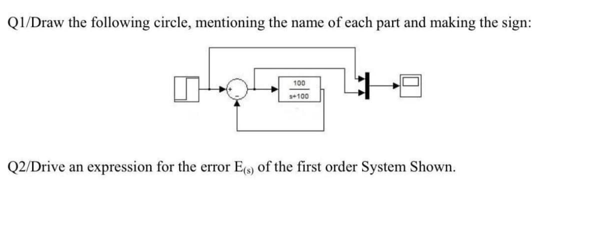 Q1/Draw the following circle, mentioning the name of each part and making the sign:
100
s+100
Q2/Drive an expression for the error Es) of the first order System Shown.
