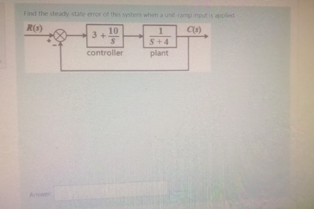 Find the steady-state error of this system when a unit-ramp input is applied.
R(s)
C(s)
Answer:
10
S
controller
3+
S+4
plant