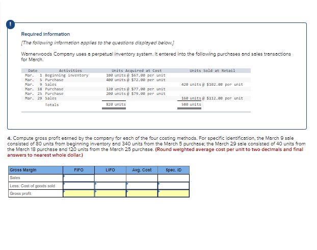 Required Information
[The following information applies to the questions displayed below.]
Wernerwoods Company uses a perpetual inventory system. It entered into the following purchases and sales transactions
for March.
Activities
Units Sold at Retail
Units Acquired at Cost
100 units e $67.00 per unit
400 units e $72.00 per unit
Date
1 Beginning iventory
Mar.
Mar. 5 Purchase
Mar, 9 Sales
Mar. 18 Purchase
Mar. 25 Purchase
Mar. 29 Sales
428 units e $182.00 per unit
120 units e $77.00 per unit
200 units e $79.00 per unit
168 unitse $112.80 per unit
Totals
82e units
588 units
4. Compute gross profit esmed by the company for each of the four costing methods. For specific identification, the March 9 sale
consisted of 80 units from beginning inventory and 340 units from the March 5 purchese; the March 29 sale consisted of 40 units from
the March 18 purchase and 120 units from the March 25 purchose. (Round welghted average cost per unit to two decimals and final
answers to nearest whole dollar.)
Gross Margin
FIFO
LIFO
Avg. Coset
Spec. ID
Sales
Less: Cost of goods sold
Gross profit
