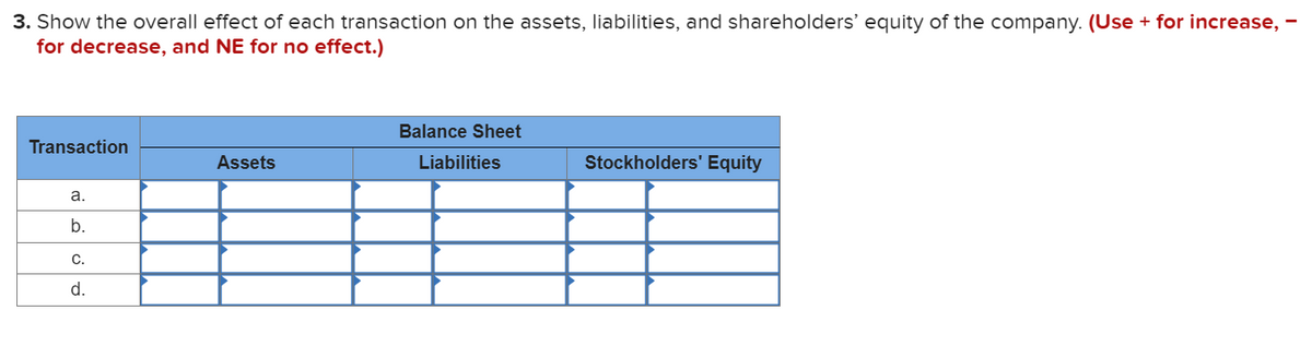 3. Show the overall effect of each transaction on the assets, liabilities, and shareholders' equity of the company. (Use + for increase, -
for decrease, and NE for no effect.)
Transaction
a.
b.
C.
d.
Assets
Balance Sheet
Liabilities
Stockholders' Equity