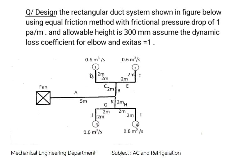 Q/ Design the rectangular duct system shown in figure below
using equal friction method with frictional pressure drop of 1
pa/m.and allowable height is 300 mm assume the dynamic
loss coefficient for elbow and exitas =1.
0.6 m /s
0.6 m'/s
O 2m
2m
2m F
2m
Fan
C2m
B
A
5m
K 2mH
G
2m
2m
2m
2m I
0.6 m/s
0.6 m /s
Mechanical Engineering Department
Subject : AC and Refrigeration
