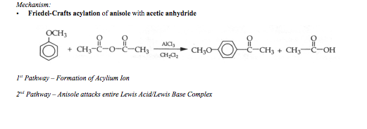 Mechanism
Friedel-Crafts acylation of anisole with acetic anhydride
OCH3
CH3+CH3 C OH
CH a
Pathway-Formation of Ayliam lon
2d Pathway Anisole attacks entire Lewis Acid/Lewis Base Complex
