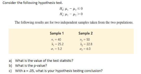 Consider the following hypothesis test.
Hi H, - H 50
H; - 4>0
The following results are for two independent samples taken from the two populations.
Sample 1
n, - 40
X, - 25.2
o, = 5.2
Sample 2
n, = 50
X = 22.8
= 6.0
a) What is the value of the test statistic?
b) What is the p-value?
c) With a = .05, what is your hypothesis testing conclusion?
