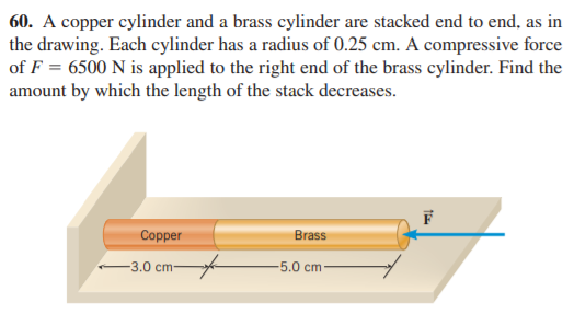 60. A copper cylinder and a brass cylinder are stacked end to end, as in
the drawing. Each cylinder has a radius of 0.25 cm. A compressive force
of F = 6500 N is applied to the right end of the brass cylinder. Find the
amount by which the length of the stack decreases.
Copper
Brass
-3.0 cm-
5.0 cm-
