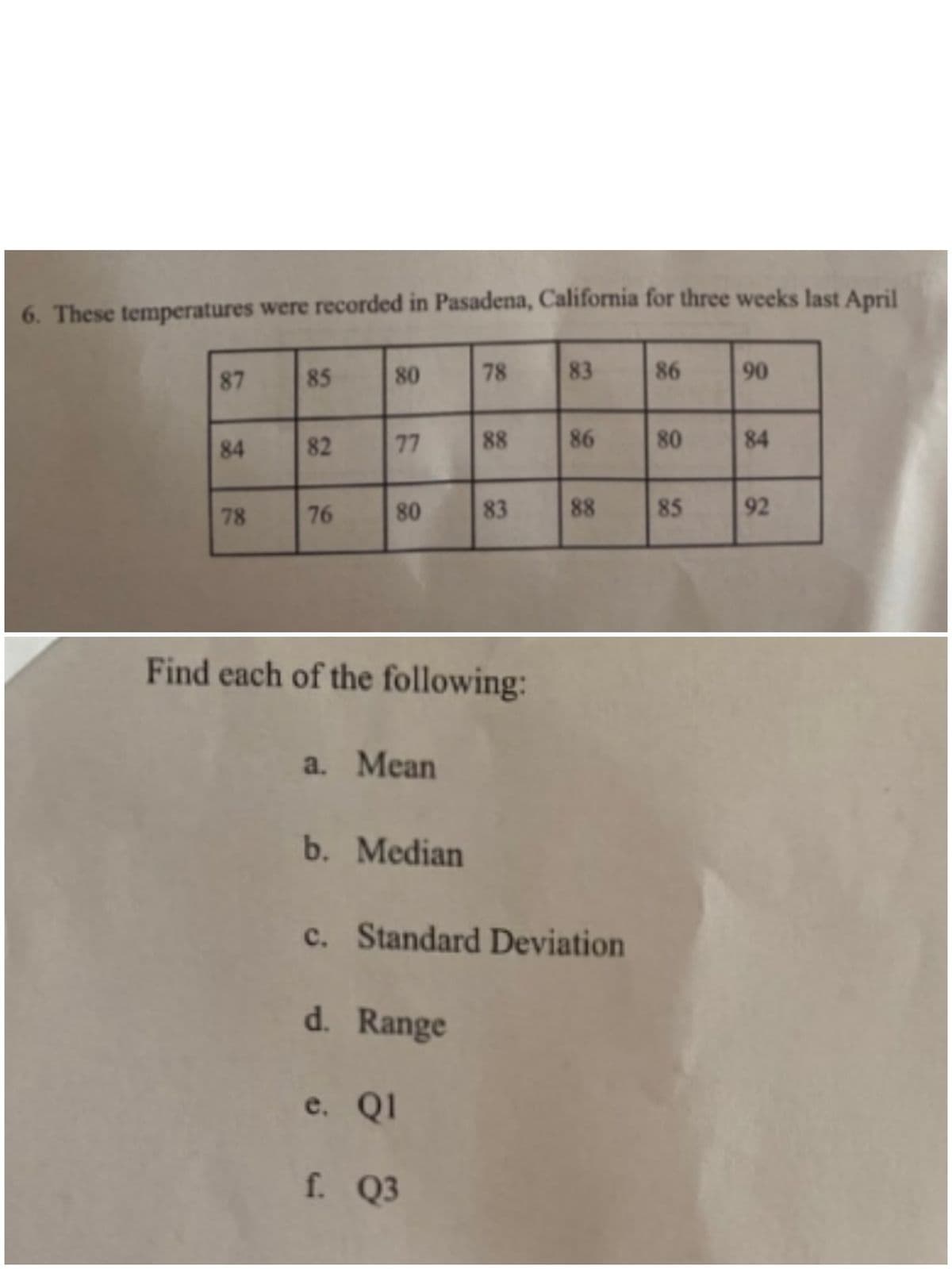 6. These temperatures were recorded in Pasadena, California for three weeks last April
85
80
87
78
83
86
90
82
77
88
86
84
80
84
76
80
78
83
88
85
92
Find each of the following:
a. Mean
b. Median
c. Standard Deviation
d. Range
e. Ql
f. Q3