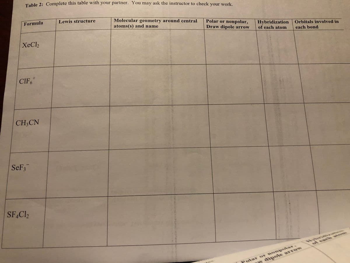 Table 2: Complete this table with your partner. You may ask the instructor to check your work.
Formula
Lewis structure
Molecular geometry around central
atoms(s) and name
Polar or nonpolar,
Draw dipole arrow
Hybridization
of each atom
Orbitals involved in
each bond
XeCl2
CIF
CH;CN
SEF3
SF,Cl2
of each atom
y dipole arrow
