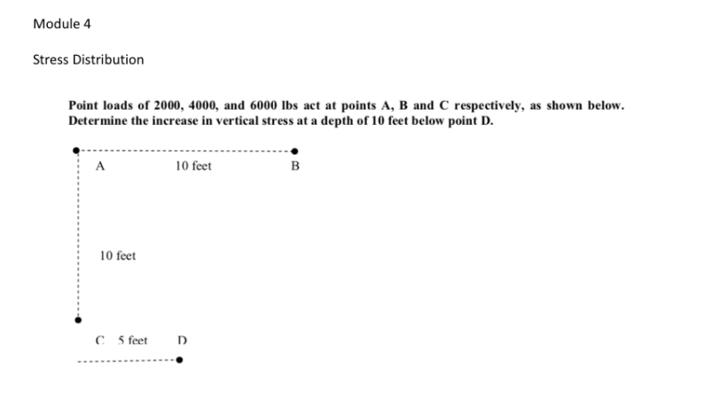 Module 4
Stress Distribution
Point loads of 2000, 4000, and 6000 Ibs act at points A, B and C respectively, as shown below.
Determine the increase in vertical stress at a depth of 10 feet below point D.
A
10 feet
B
10 feet
C feet
D
