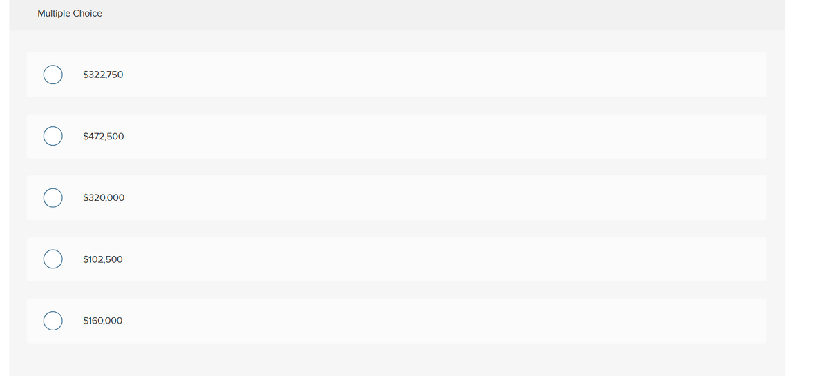 Multiple Choice
$322,750
$472,500
$320,000
$102,500
$160,000
