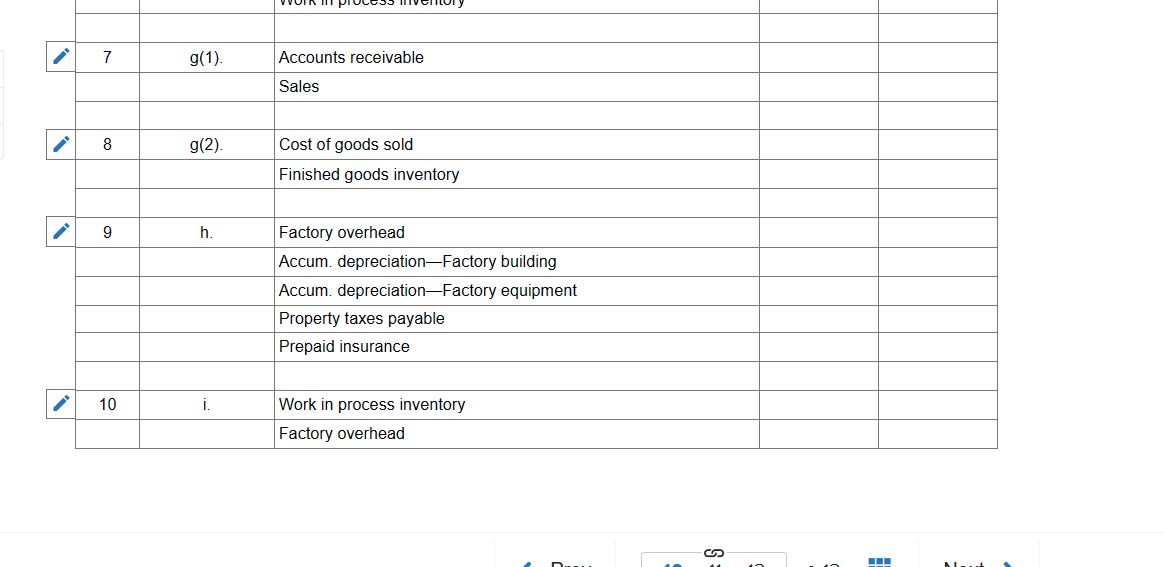 7
g(1).
Accounts receivable
Sales
8
g(2).
Cost of goods sold
Finished goods inventory
9
h.
Factory overhead
Accum. depreciation-Factory building
Accum. depreciation-Factory equipment
Property taxes payable
Prepaid insurance
10
i.
Work in process inventory
Factory overhead
M....
