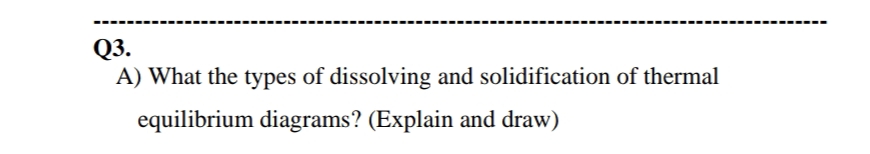 Q3.
A) What the types of dissolving and solidification of thermal
equilibrium diagrams? (Explain and draw)
