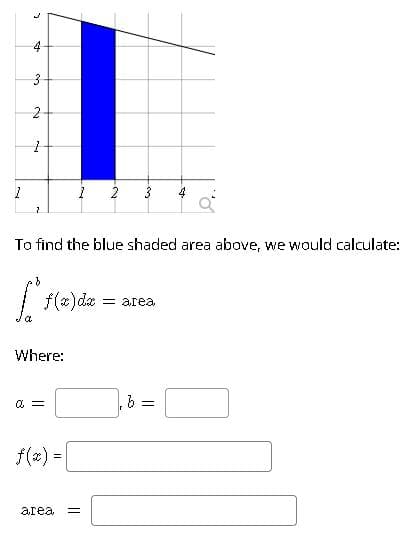 2
4
To find the blue shaded area above, we would calculate:
| f(x)dz = area
Where:
f(æ) =
!!
area
