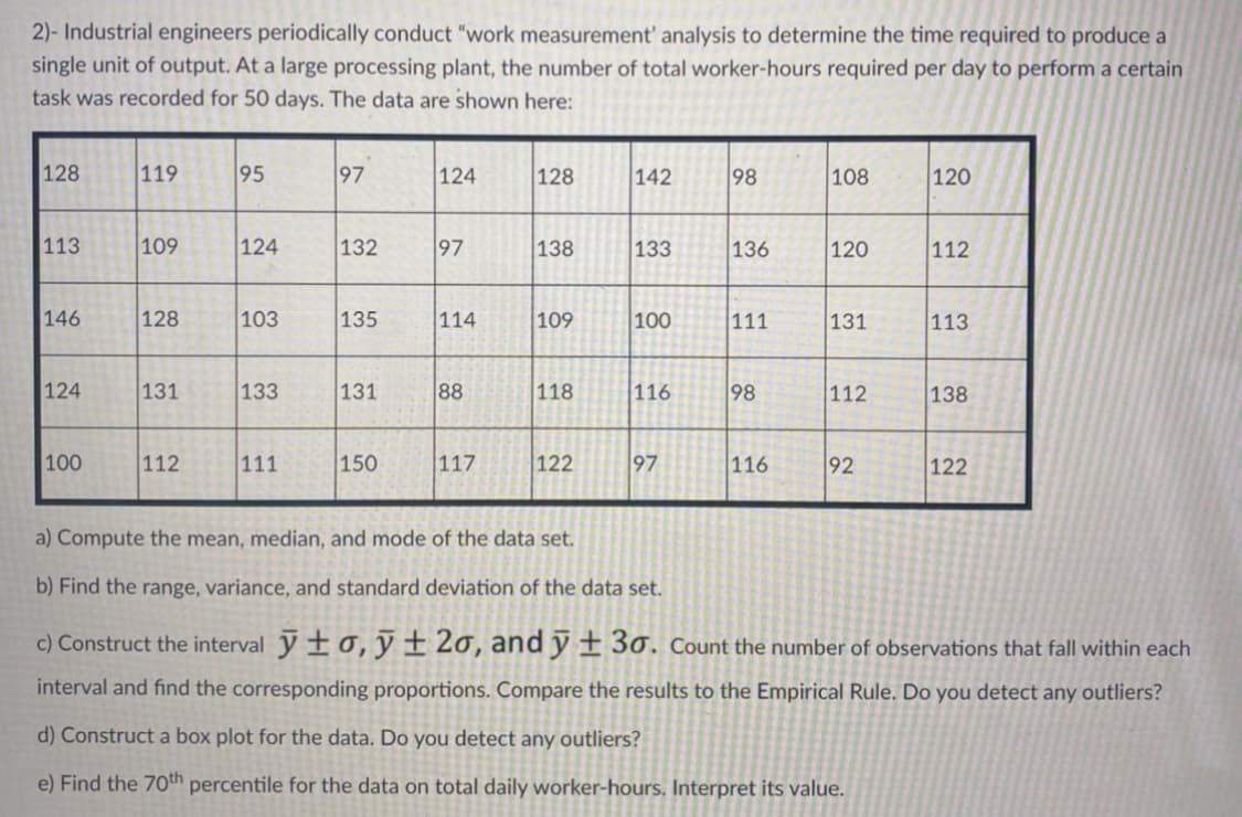 2)- Industrial engineers periodically conduct "work measurement' analysis to determine the time required to produce a
single unit of output. At a large processing plant, the number of total worker-hours required per day to perform a certain
task was recorded for 50 days. The data are shown here:
128
119
95
97
124
128
142
98
108
|120
113
109
124
132
97
138
133
136
120
|112
146
128
103
135
114
109
100
111
131
113
124
131
133
131
88
118
116
98
112
138
100
112
111
150
117
|122
97
116
92
122
a) Compute the mean, median, and mode of the data set.
b) Find the range, variance, and standard deviation of the data set.
c) Construct the interval y ±o, y± 2o, and y ± 3o. Count the number of observations that fall within each
interval and find the corresponding proportions. Compare the results to the Empirical Rule. Do you detect any outliers?
d) Construct a box plot for the data. Do you detect any outliers?
e) Find the 70th percentile for the data on total daily worker-hours. Interpret its value.
