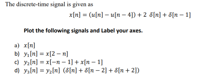 The discrete-time signal is given as
x[n] = (u[n] – u[n – 4]) + 2 8[n] + d[n – 1]
Plot the following signals and Label your axes.
a) x[n]
b) Уi[n] 3 x[2 — п]
с) у-[n] %3 x[-п — 1]+ x[п — 1]
d) y3[n] = y2[n] (8[n] + 8[n – 2] + 8[n + 2])
|
|
