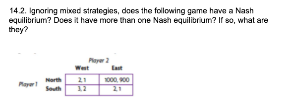 14.2. Ignoring mixed strategies, does the following game have a Nash
equilibrium? Does it have more than one Nash equilibrium? If so, what are
they?
Player 2
West
East
21
3,2
North
1000, 900
Player1
South
21
