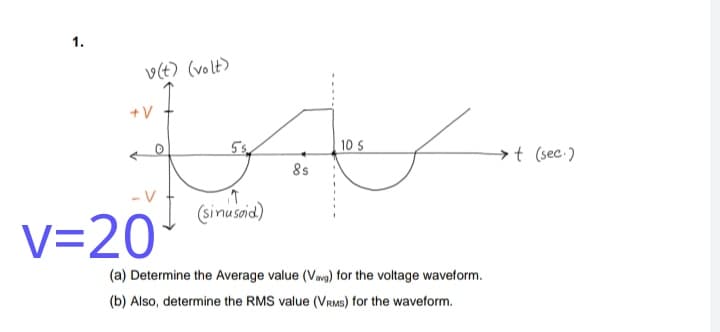 1.
v(t) (volt)
+V
10 S
→t (sec:)
8s
(sinusaid)
V=20
(a) Determine the Average value (Vavg) for the voltage waveform.
(b) Also, determine the RMS value (VRMS) for the waveform.
