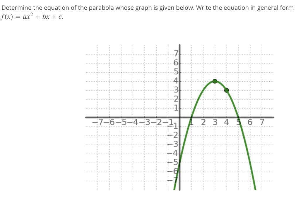 Determine the equation of the parabola whose graph is given below. Write the equation in general form
f(x) = ax? + bx + c.
4
3
2
1
-7-6-5-4-3-2-1,
2 3 4
6.
.5
EN st LO
