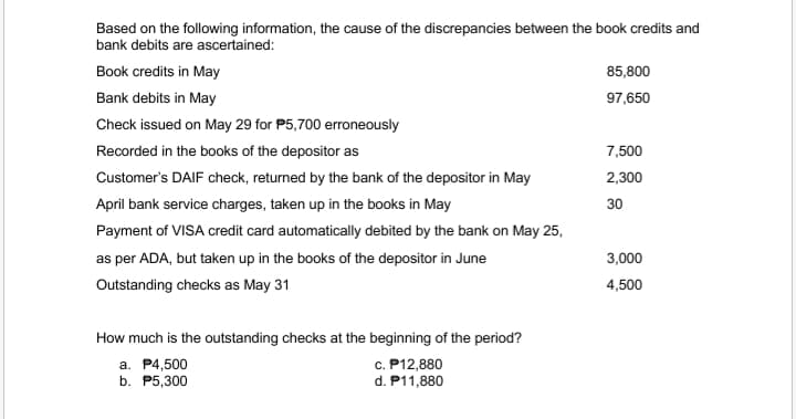 Based on the following information, the cause of the discrepancies between the book credits and
bank debits are ascertained:
Book credits in May
85,800
Bank debits in May
97,650
Check issued on May 29 for P5,700 erroneously
Recorded in the books of the depositor as
7,500
Customer's DAIF check, returned by the bank of the depositor in May
2,300
April bank service charges, taken up in the books in May
30
Payment of VISA credit card automatically debited by the bank on May 25,
as per ADA, but taken up in the books of the depositor in June
3,000
Outstanding checks as May 31
4,500
How much is the outstanding checks at the beginning of the period?
a. P4,500
b. P5,300
c. P12,880
d. P11,880
