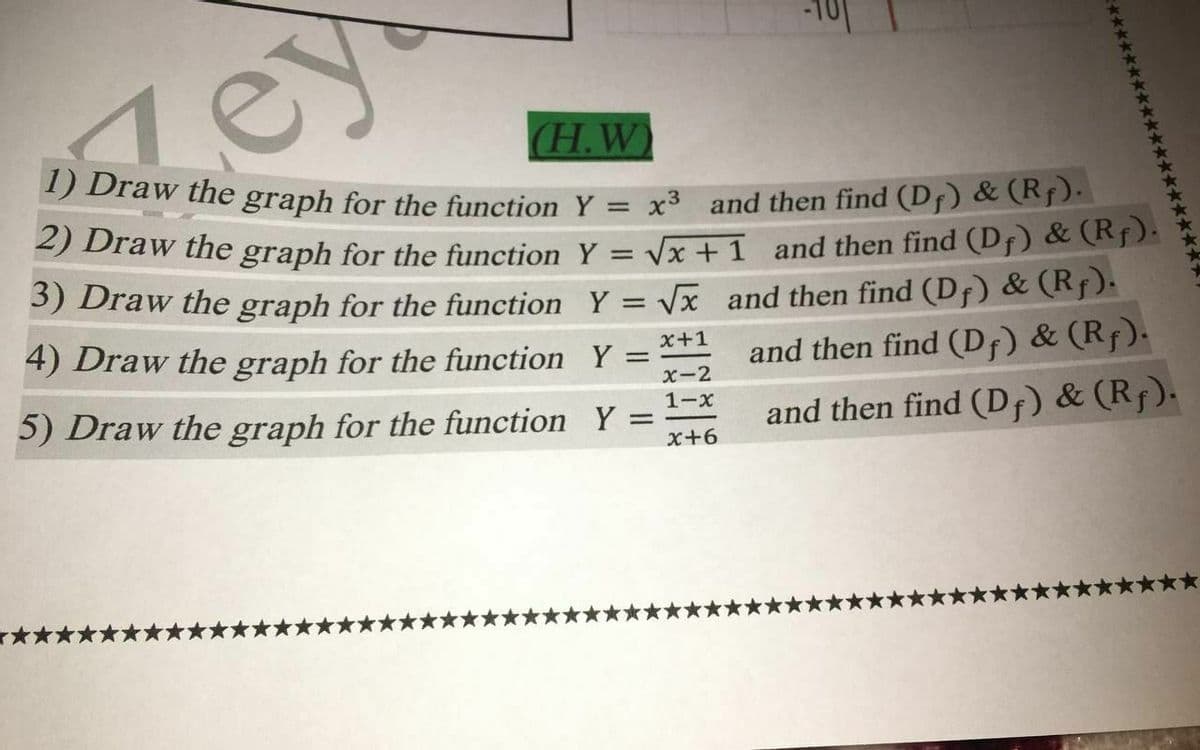 (H.W)
5 Draw the graph for the function Y = x³ and then find (Ds) & (Rf).
) Draw the graph for the function Y = Vx + 1 and then find (Df) & (Rf).
5) Draw the graph for the function Y = Vx and then find (D7) & (Rf).
4) Draw the graph for the function Y=
x+1
and then find (Df) & (Rƒ).
X-2
1-x
5) Draw the graph for the function Y =
and then find (D¡) & (R¡).
x+6
