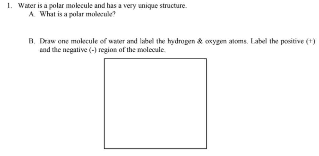 1. Water is a polar molecule and has a very unique structure.
A. What is a polar molecule?
B. Draw one molecule of water and label the hydrogen & oxygen atoms. Label the positive (+)
and the negative (-) region of the molecule.