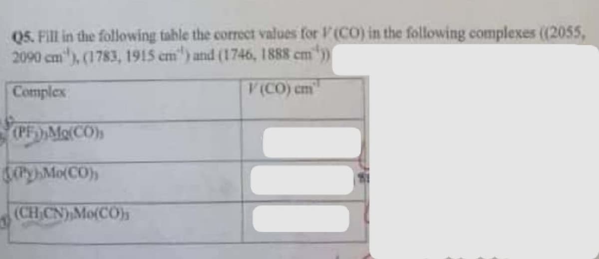 Q5. Fill in the following table the correct values for F(CO) in the following complexes ((2055,
2090 cm),(1783, 1915 cm) and (1746, 1888 cm ¹))
Complex
V(CO) cm
(PF), Mg(CO)s
(PyMo(CO)
(CHIẾN)Mo(CO