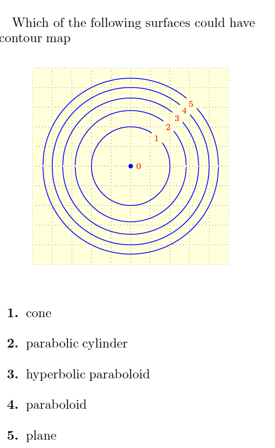 Which of the following surfaces could have
contour map
2
1. cone
2. parabolic cylinder
3. hyperbolic paraboloid
4. paraboloid
5. plane
