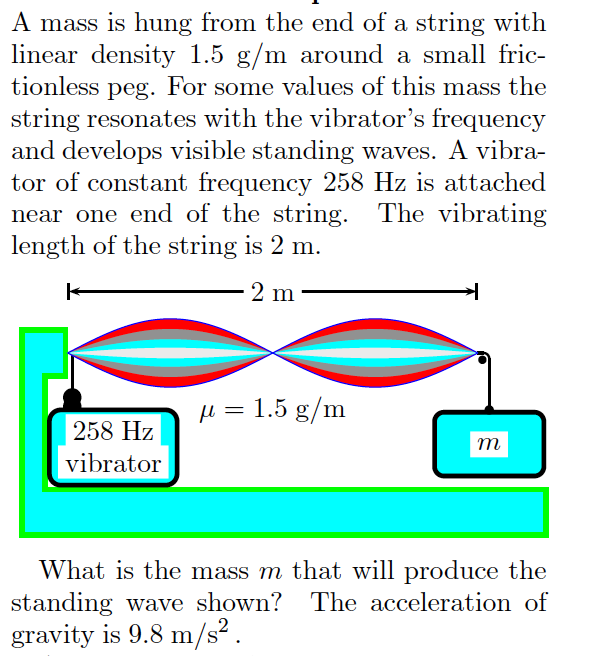 A mass is hung from the end of a string with
linear density 1.5 g/m around a small fric-
tionless peg. For some values of this mass the
string resonates with the vibrator's frequency
and develops visible standing waves. A vibra-
tor of constant frequency 258 Hz is attached
near one end of the string. The vibrating
length of the string is 2 m.
2 m
µ = 1.5 g/m
%3D
|258 Hz
m
vibrator
What is the mass m that will produce the
standing wave shown? The acceleration of
gravity is 9.8 m/s² .
