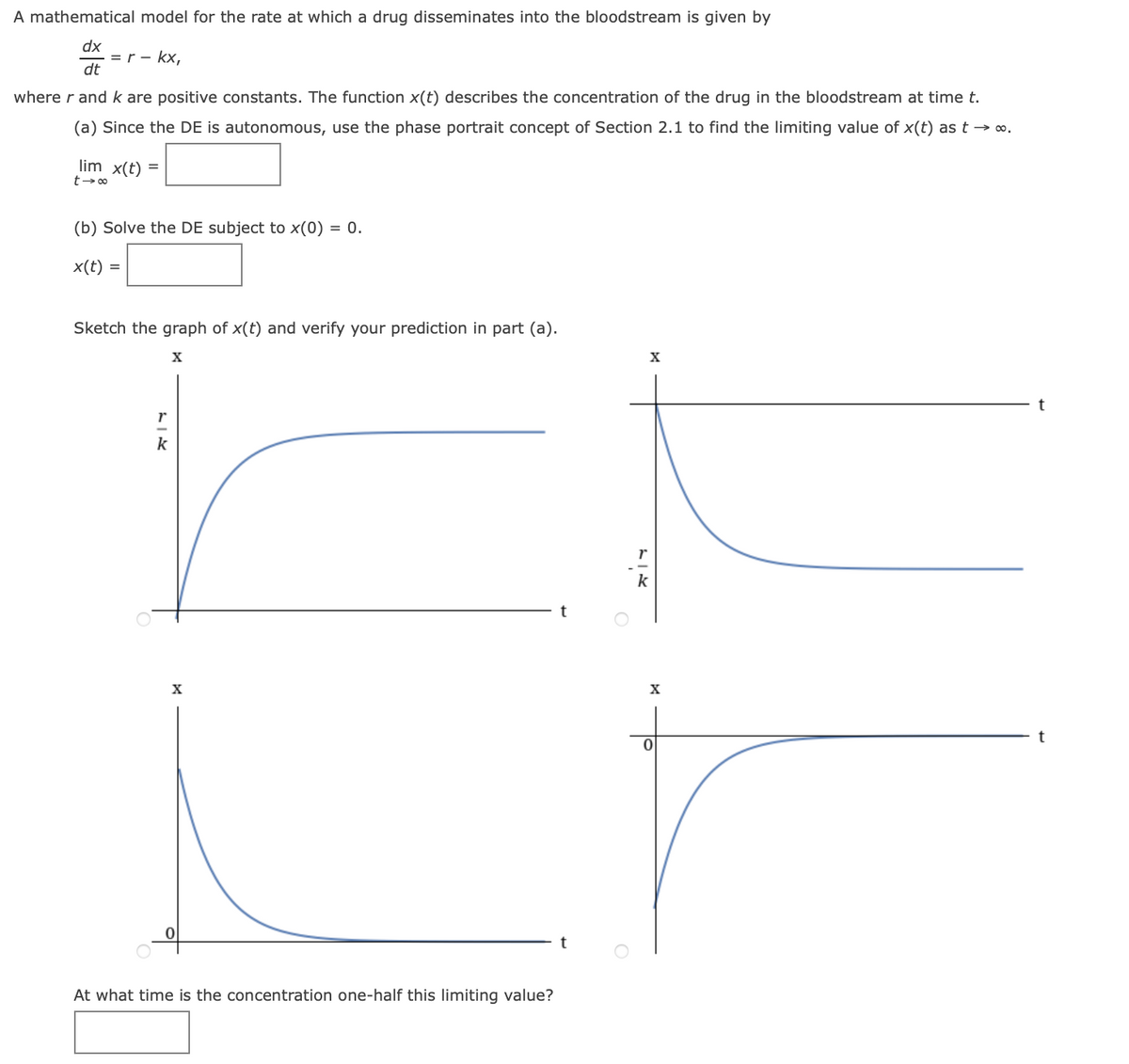 A mathematical model for the rate at which a drug disseminates into the bloodstream is given by
dx
=r - kx,
dt
where r and k are positive constants. The function x(t) describes the concentration of the drug in the bloodstream at time t.
(a) Since the DE is autonomous, use the phase portrait concept of Section 2.1 to find the limiting value of x(t) as t → ∞.
lim x(t) =
(b) Solve the DE subject to x(0) = 0.
x(t) =
Sketch the graph of x(t) and verify your prediction in part (a).
r
k
r
k
X
X
t
At what time is the concentration one-half this limiting value?
