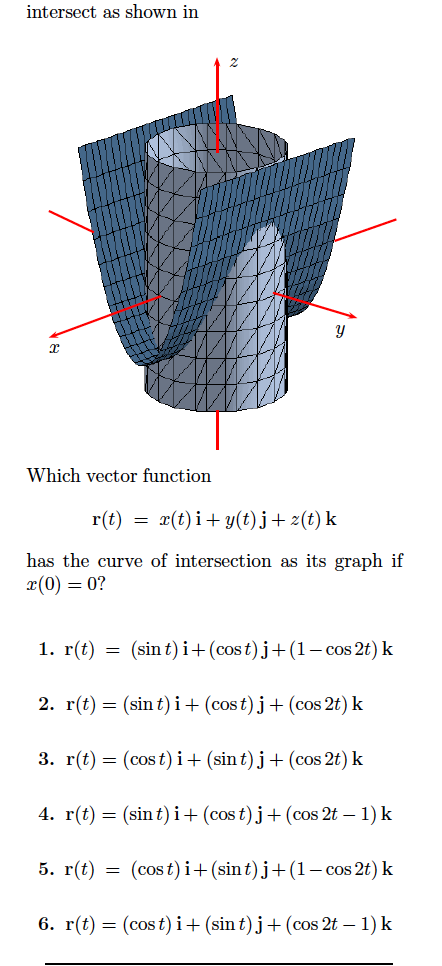 intersect as shown in
Which vector function
r(t)
x(t) i+ y(t)j+ z(t) k
has the curve of intersection as its graph if
x(0) = 0?
1. r(t)
(sin t) i+ (cost) j+(1– cos 2t) k
2. r(t) = (sin t)i+(cost) j+(cos 2t) k
3. r(t) = (cost) i+(sin t) j+ (cos 2t) k
4. r(t) = (sin t) i+(cos t) j+(cos 2t – 1) k
5. r(t) — (сos t)і+(sint)j+ (1— сos 2t) k
6. r(t) = (cos t) i+(sin t) j+(cos 2t – 1) k
