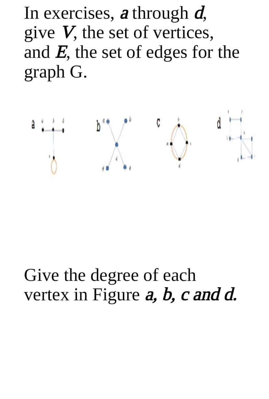 In exercises, a through d,
give V, the set of vertices,
and E, the set of edges for the
graph G.
Give the degree of each
vertex in Figure a, b, c and d.
