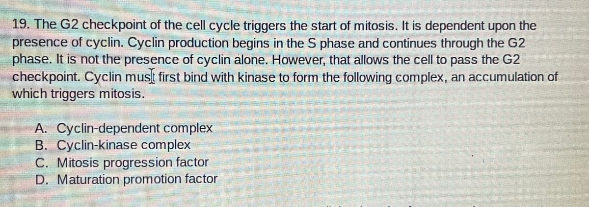 19. The G2 checkpoint of the cell cycle triggers the start of mitosis. It is dependent upon the
presence of cyclin. Cyclin production begins in the S phase and continues through the G2
phase. It is not the presence of cyclin alone. However, that allows the cell to pass the G2
checkpoint. Cyclin must first bind with kinase to form the following complex, an accumulation of
which triggers mitosis.
A. Cyclin-dependent complex
B. Cyclin-kinase complex
C. Mitosis progression factor
D. Maturation promotion factor
