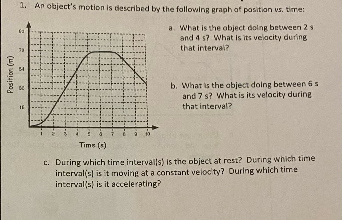 1. An object's motion is described by the following graph of position vs. time:
a. What is the object doing between 2 s
and 4 s? What is its velocity during
90
that interval?
72
54
b. What is the object doing between 6 s
and 7 s? What is its velocity during
36
18
that interval?
3
4.
6.
8.
10
Time (s)
C. During which time interval(s) is the object at rest? During which time
interval(s) is it moving at a constant velocity? During which time
interval(s) is it accelerating?
Position (m)
