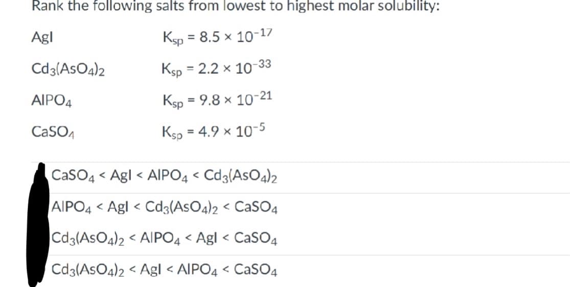 Rank the following salts from lowest to highest molar solubility:
Agl
Ksp = 8.5 × 10-17
Ksp = 2.2 × 10-33
Ksp = 9.8 × 10-21
Kso = 4.9 × 10-5
Cd3(AsO4)2
AIPO4
CaSO4
CaSO4 Agl< AlPO4 < Cd3(AsO4)2
AIPO4 < Agl< Cd3(AsO4)2 < CaSO4
Cd3(AsO4)2 < AIPO4 < Agl < CaSO4
Cd3(AsO4)2 < Agl < AIPO4 < CaSO4
<
