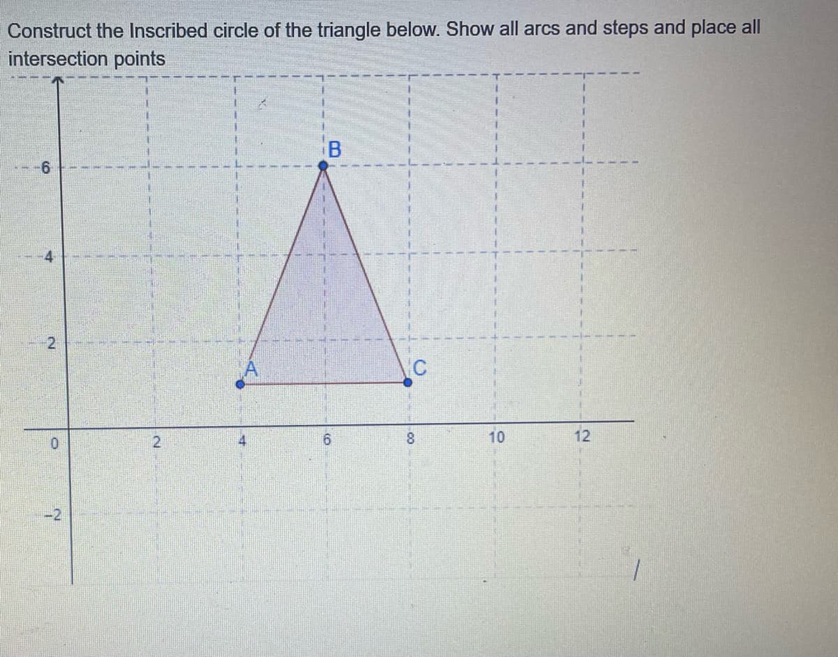 Construct the Inscribed circle of the triangle below. Show all arcs and steps and place all
intersection points
9-
10
12
-2
