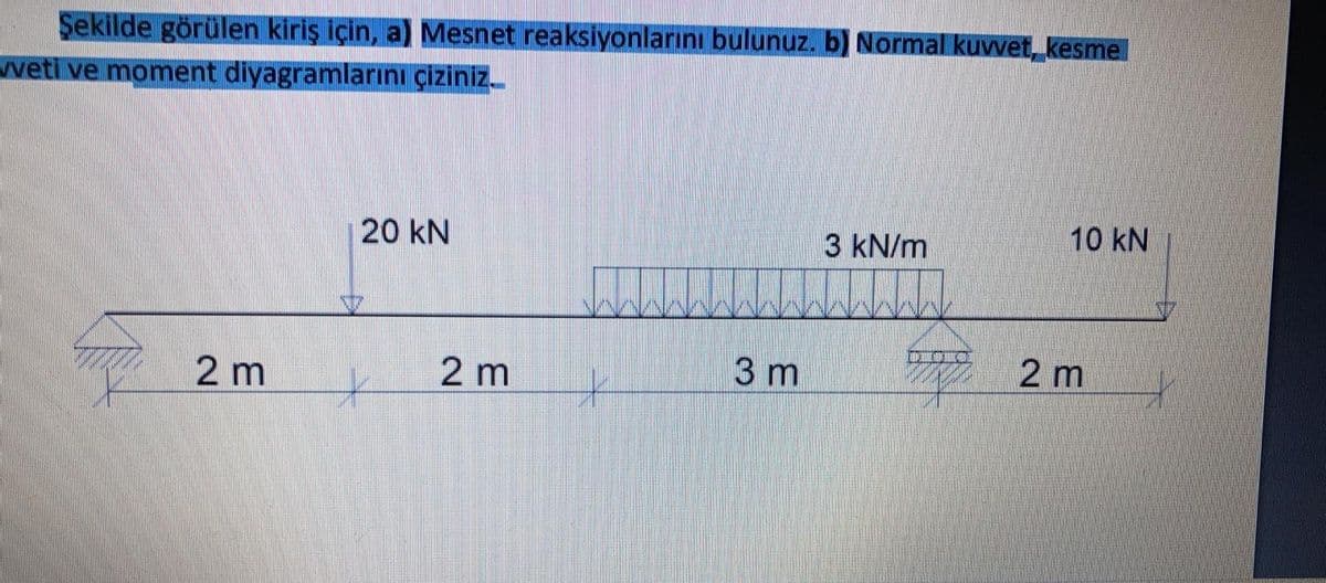 Şekilde görülen kiriş için, a) Mesnet reaksiyonlarını bulunuz. b) Normal kuvwet, kesme
wveti ve moment diyagramlarını çiziniz.
20 kN
3 kN/m
10 kN
2 m
2 m
3 m
2m
