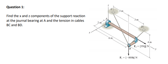 Question 1:
3 m
Find the x and z components of the support reaction
at the journal bearing at A and the tension in cables
3 m
2 m
BC and BD.
6 m
4 m
F2 = (350j) N
F, = (-800k} N
