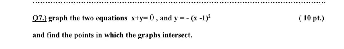 Q7.) graph the two equations x+y= 0, and y = - (x -1)²
( 10 pt.)
and find the points in which the graphs intersect.
