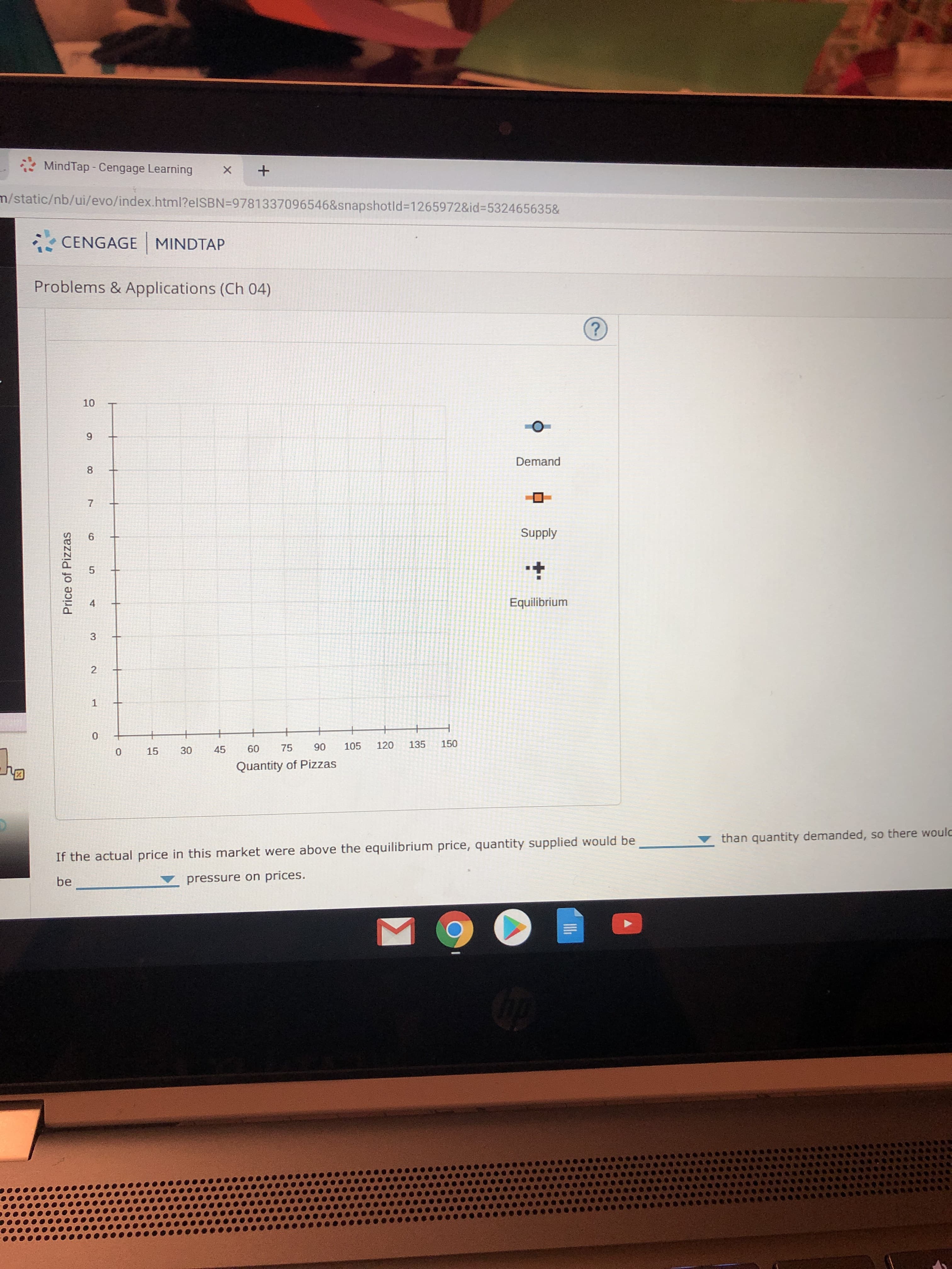 MindTap - Cengage Learning
X +
m/static/nb/ui/evo/index.html?elSBN=9781337096546&snapshotld=1265972&id=532465635&
CENGAGE MINDTAP
Problems & Applications (Ch 04)
?
10
Demand
8
7
Supply
6
Equilibrium
4
2
1
150
135
120
105
90
75
60
45
30
15
0
Quantity of Pizzas
than quantity demanded, so there woulc
If the actual price in this market were above the equilibrium price, quantity supplied would be
pressure on prices.
be
Price of Pizzas
un
ST
