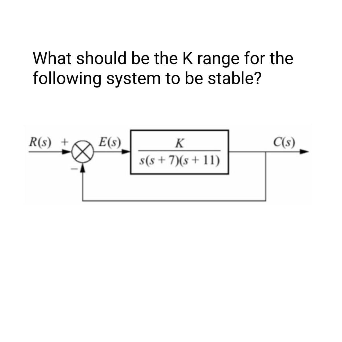 What should be the K range for the
following system to be stable?
R(s) +
E(s)
K
C(s)
s(s +7)(s+ 11)
