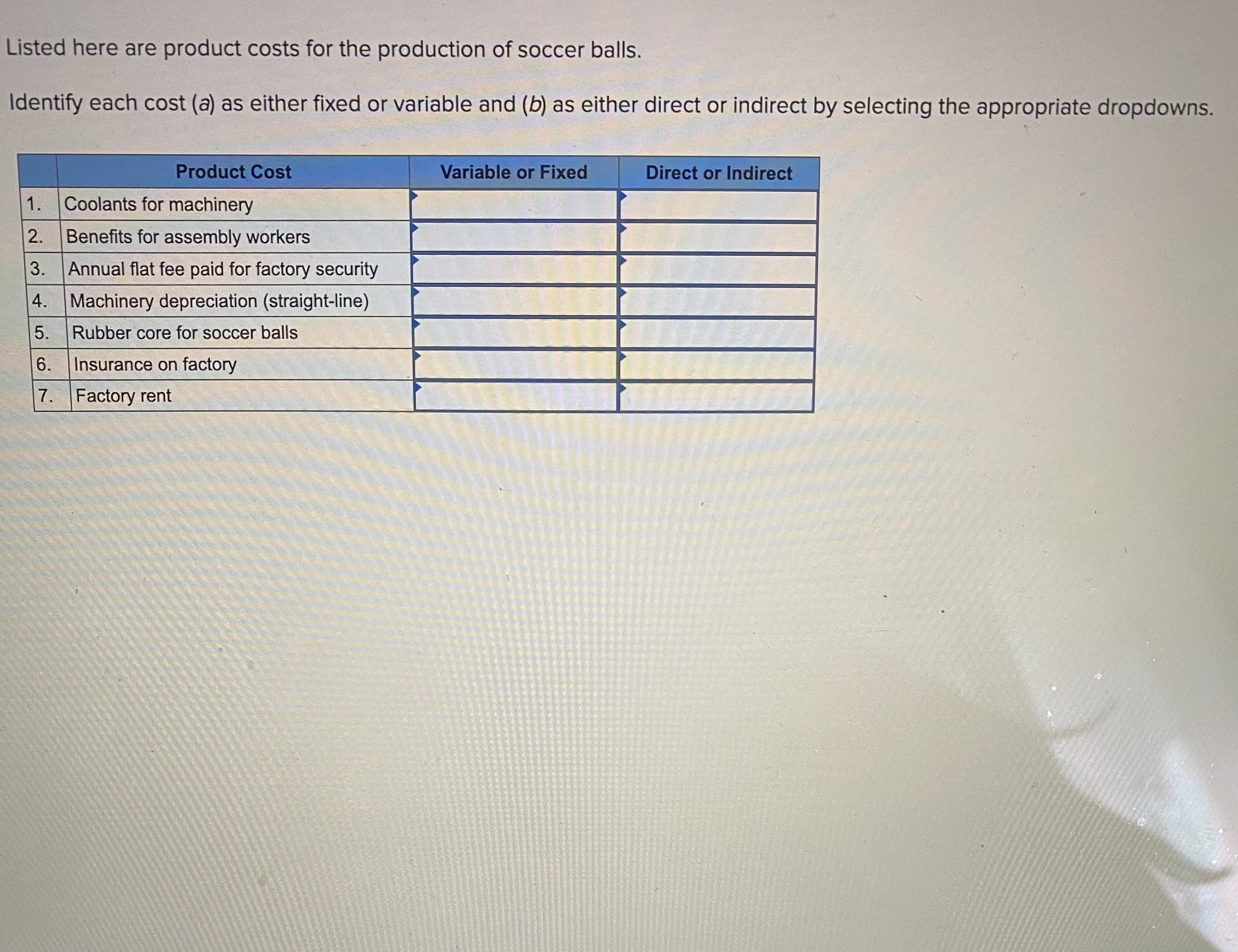 Listed here are product costs for the production of soccer balls.
Identify each cost (a) as either fixed or variable and (b) as either direct or indirect by selecting the appropriate dropdowns.
Product Cost
Variable or Fixed
Direct or Indirect
1.
Coolants for machinery
2.
Benefits for assembly workers
3. Annual flat fee paid for factory security
4. Machinery depreciation (straight-line)
5.
Rubber core for soccer balls
6.
Insurance on factory
7. Factory rent

