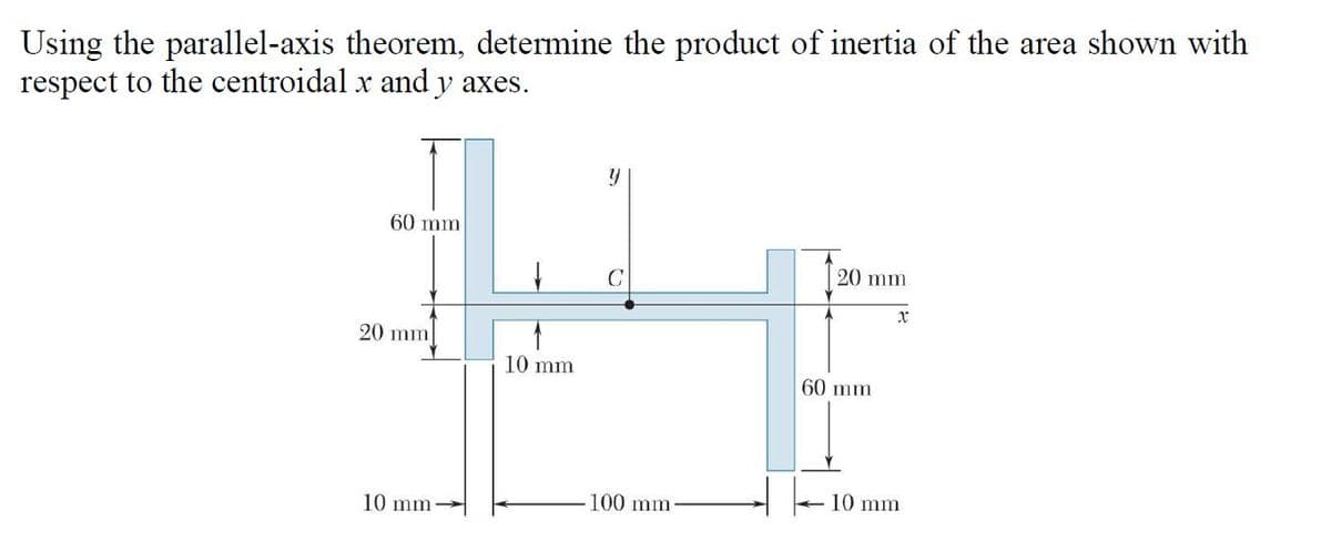 Using the parallel-axis theorem, determine the product of inertia of the area shown with
respect to the centroidal x and y axes.
60 mm
20 mm
C
20 mm
10 mm
60 mm
10 mm
100 mm
10 mm
