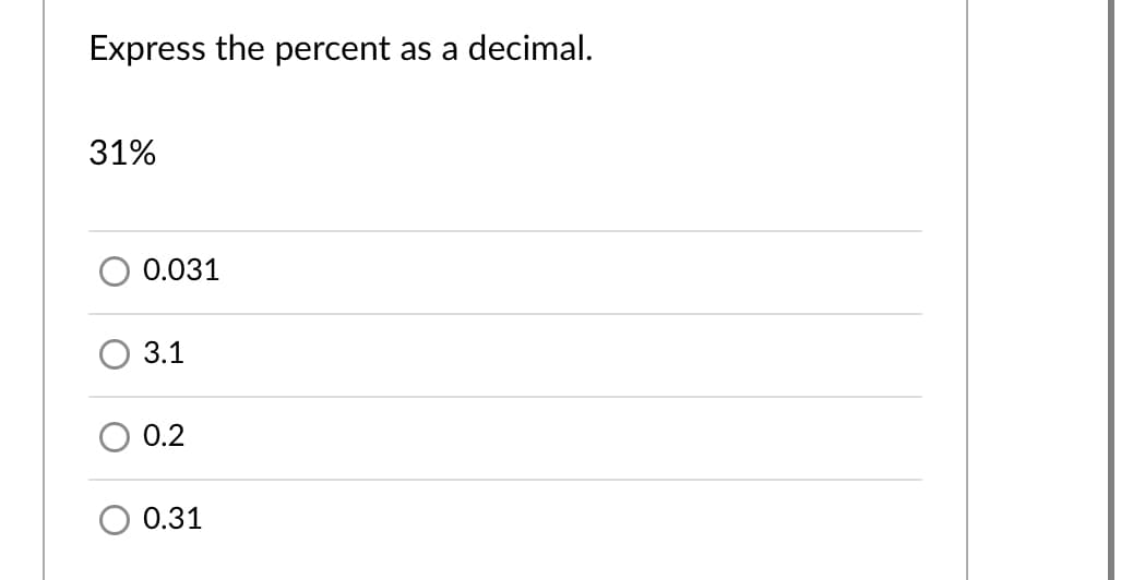 Express the percent as a decimal.
31%
0.031
3.1
0.2
0.31
