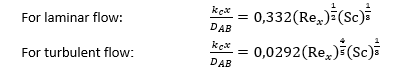 kex
0,332(Re,)(Sc)
For laminar flow:
%3D
DAB
kex
0,0292(Re,)(Sc)
For turbulent flow:
DAB
