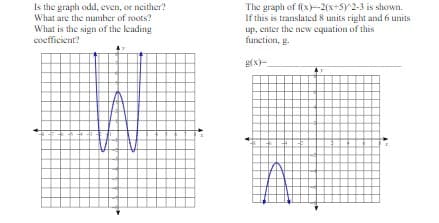 Is the graph odd, even, or neither?
What are the number of roots?
The graph of f(x)-2(x+5y2-3 is shown.
If this is translated 8 units right and 6 units
up, enter the new equation of this
function, g.
What is the sign of the leading
coefficient?
g(x)-
