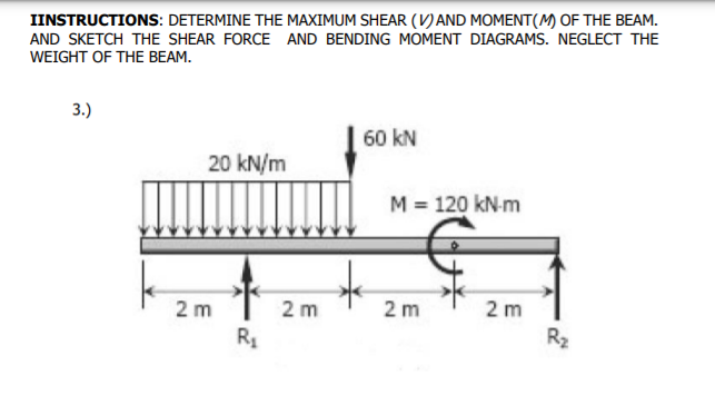 IINSTRUCTIONS: DETERMINE THE MAXIMUM SHEAR (V) AND MOMENT(M) OF THE BEAM.
AND SKETCH THE SHEAR FORCE AND BENDING MOMENT DIAGRAMS. NEGLECT THE
WEIGHT OF THE BEAM.
3.)
60 kN
20 kN/m
M = 120 kN-m
2 m
2 m
2 m
2 m
R2
